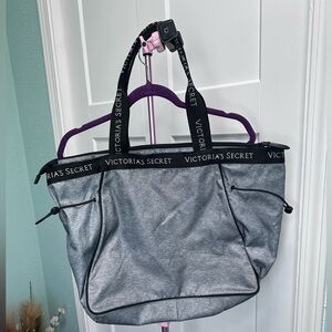 Victoria's Secret Sport Cinch Tote Weekender Bag Gray & Black Logo Trim